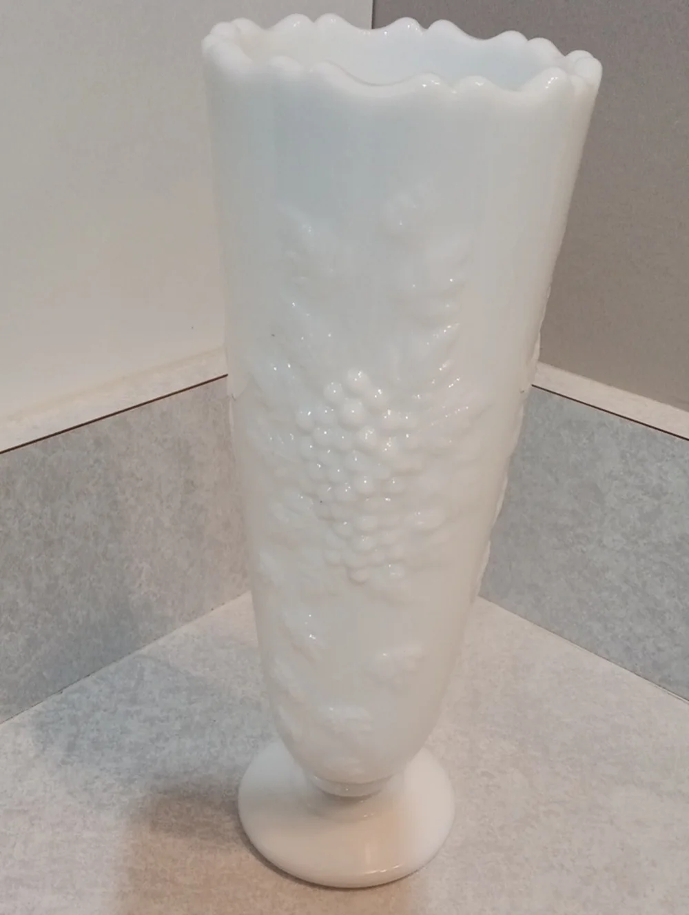 White Milk Glass Pedestal Vase with Grape Motif